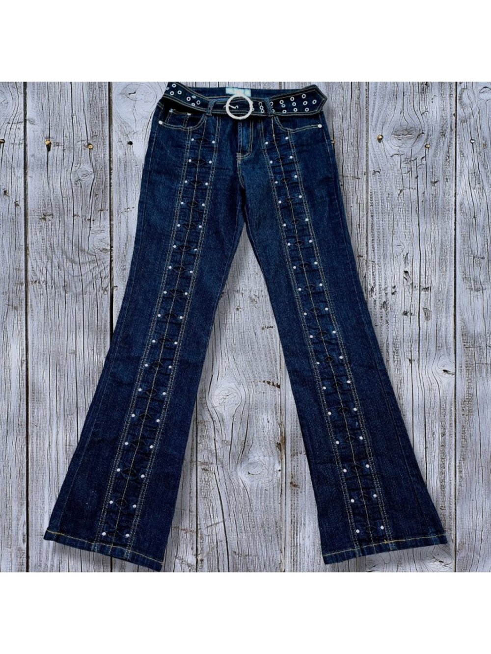 Vintage Y2K Belted Bootcut Jeans Size M Dark Wash Grommets Studded Stretch Denim